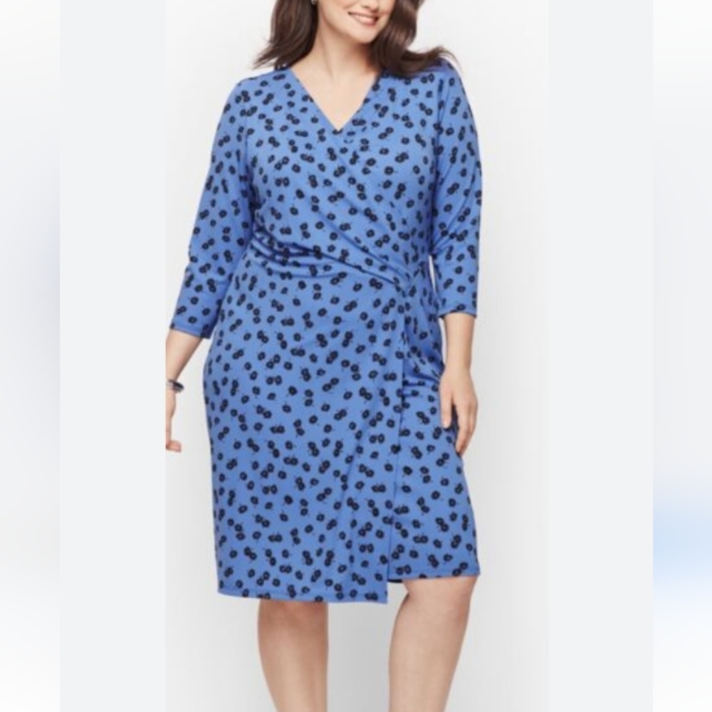 Talbots Floral Faux Wrap Dress Plus Size 2X Preppy Three Quarter Sleeve Jersey